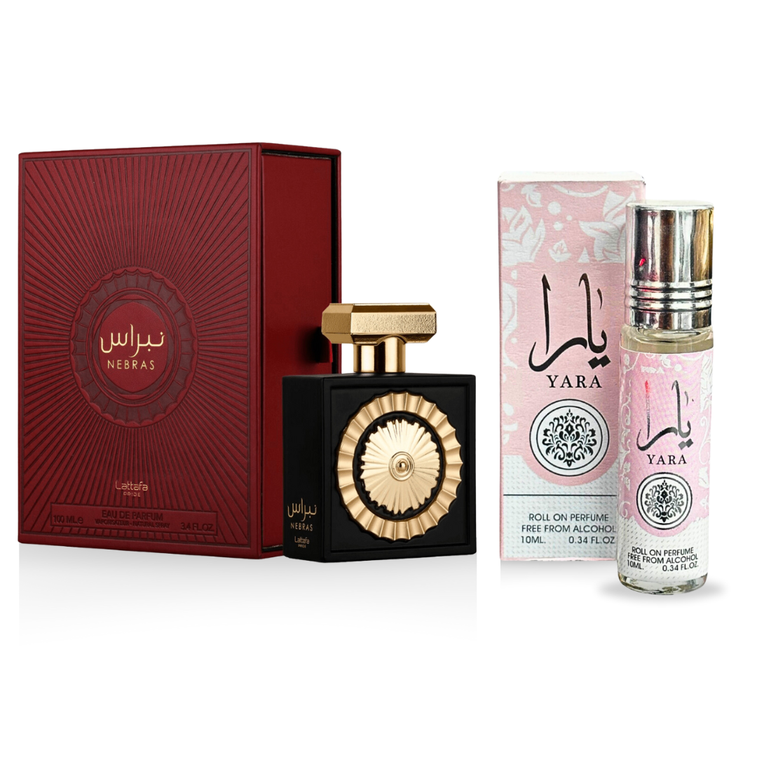 Nebras EDP 100ML (3.4 OZ) by Lattafa Pride & Yara Perfume Oil 10ML (0.34  OZ) by Ard Al Zaafaran. (ELEGANT BUNDLE)