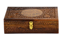 Hand Carved Traditional Wooden Jewelry Box, Brass Engraved. Finished with Velvet - Intense oud