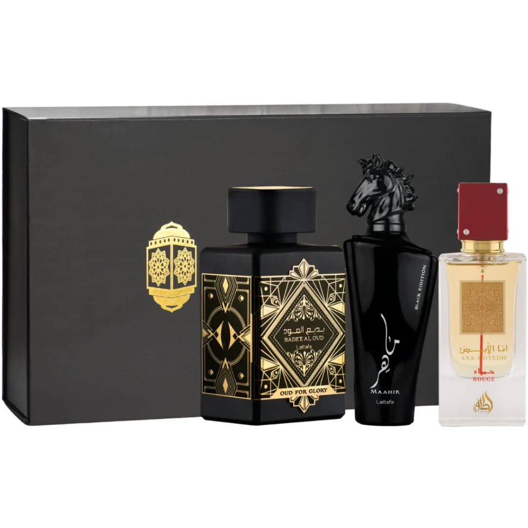 Badee Al Oud For Glory,Maahir Black & Ana Abiyedh Rouge EDP100ml in Magnetic Box