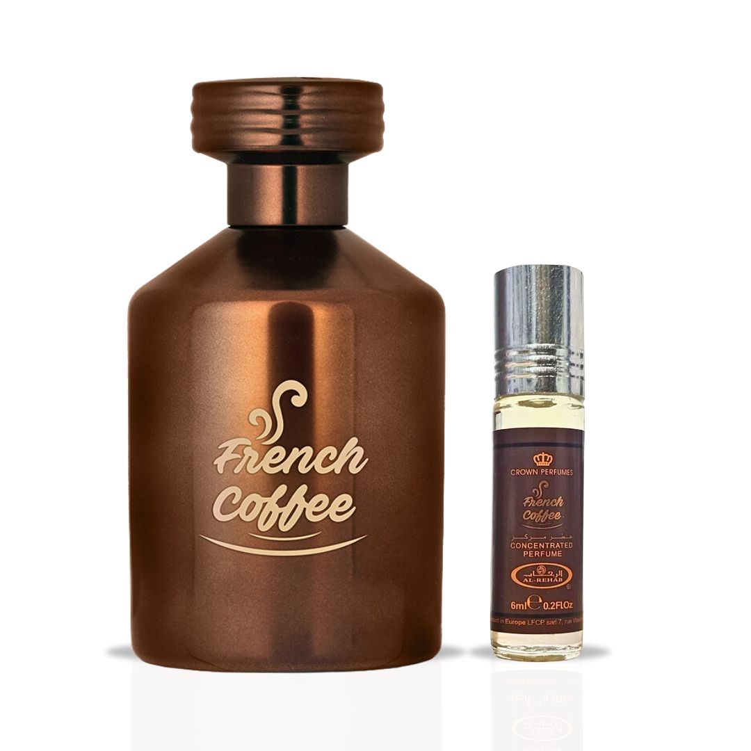 French Coffee EDP 100ML (3.4 OZ) & French Coffee Perfume Oil 6ML (0.2OZ) By Al Rehab | Sweet, Creamy, Spicy, Gourmand. (OPULENCE BUNDLE)