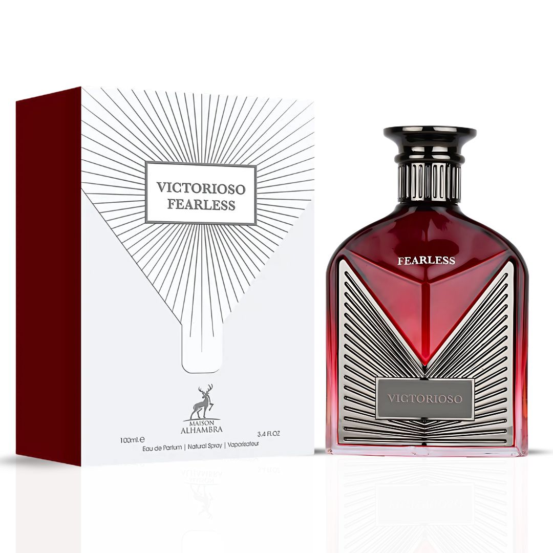 Victorioso Fearless Eau De Parfum Spray 100ML (3.4 OZ) by Maison Alhambra | A Warm, Spicy Blend of Fruit, Florals, and Woods for Cozy Elegance.