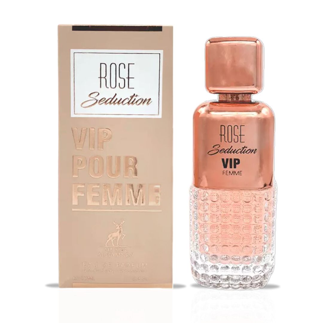 Rose Seduction VIP Pour Femme Eau De Parfum Spray 100ML (3.4 OZ) By Maison Alhambra | A Sparkling Blend Of Floral Elegance With A Warm, Musky & Woody Finish.