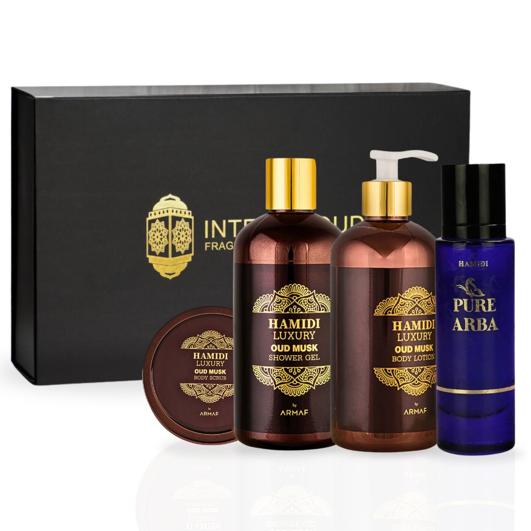 4PCS LUXURY OUD MUSK & Pure Arba - Bath & Body Gift Set Magnetic Box By Hamidi | Ultra Moisturizing, Skin-Nourishing, Naturally Derived Ingredients. (Pack Of 4) - Intense Oud