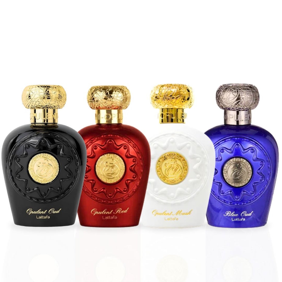 Opulent Oud, Opulent Musk, Opulent Red & Blue Oud EDP Sprays 100ML (3.4 OZ) By Lattafa | A Set Of Four Distinct Perfumes. (OPULENT COLLECTION)