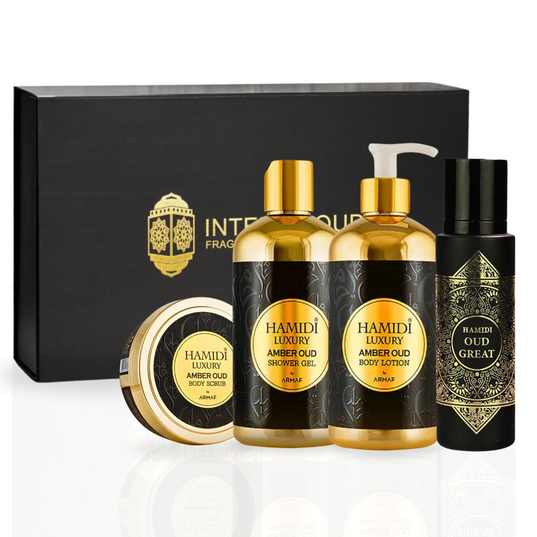 4PCS LUXURY AMBER OUD & Oud Great - Bath & Body Gift Set Magnetic Box By Hamidi | Ultra Moisturizing, Skin-Nourishing, Naturally Derived Ingredients. (Pack Of 4) - Intense Oud