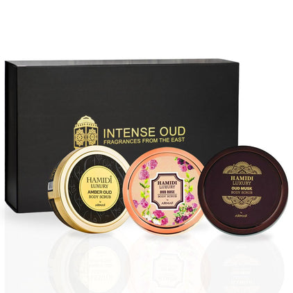 3PCS Luxury Body Scrub Trio Gift Set Magnetic Box By Hamidi | Gently Exfoliates For Soft & Smooth Skin, Naturally Derived Ingredients. (Pack of 3) - Intense Oud