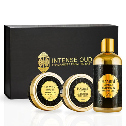 3PCS LUXURY AMBER OUD - Bath & Body Gift Set Magnetic Box By Hamidi | Ultra Moisturizing, Skin-Nourishing, Naturally Derived Ingredients. (Pack Of 3) - Intense Oud