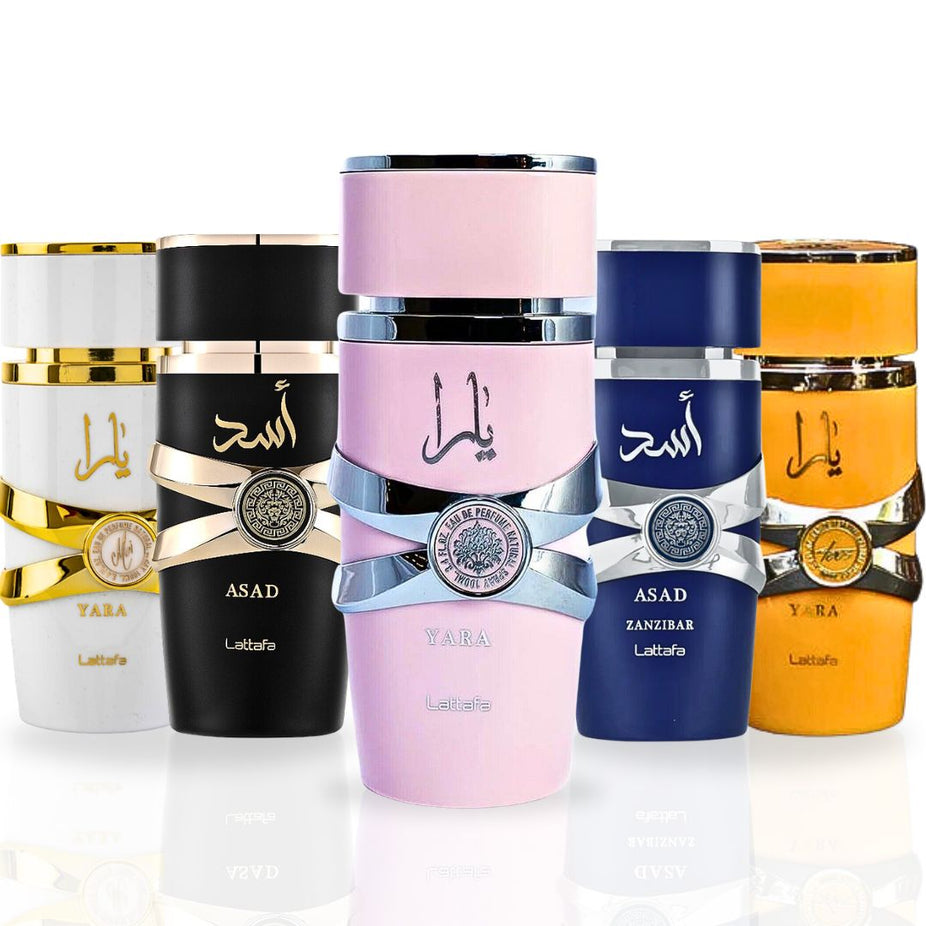 Yara Collection 5 Piece Set - Yara, Yara Moi, Yara Tous, Asad, Asad Zanzibar - Eau De Parfum Sprays 100ML (3.4 OZ) By Lattafa.