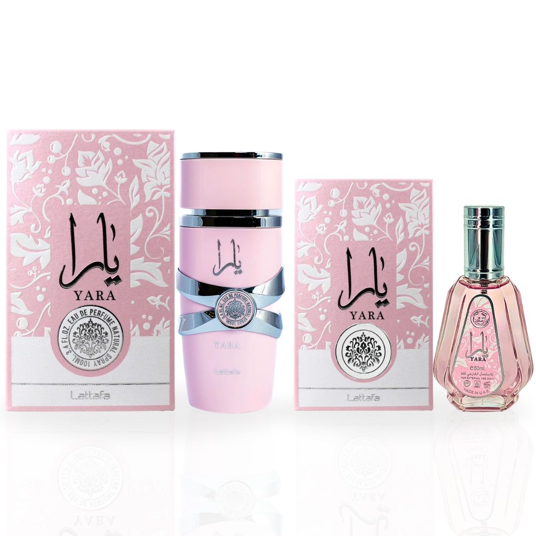 Yara EDP Spray 100ML (3.4 OZ) by Lattafa & Mini Yara EDP Spray 50ML (1.7 OZ) by Ard Al Zaafaran. (ETHEREAL BUNDLE)