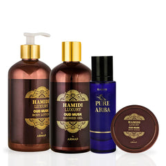 4PCS LUXURY OUD MUSK & Pure Arba - Bath & Body Gift Set Magnetic Box By Hamidi | Ultra Moisturizing, Skin-Nourishing, Naturally Derived Ingredients. (Pack Of 4) - Intense Oud