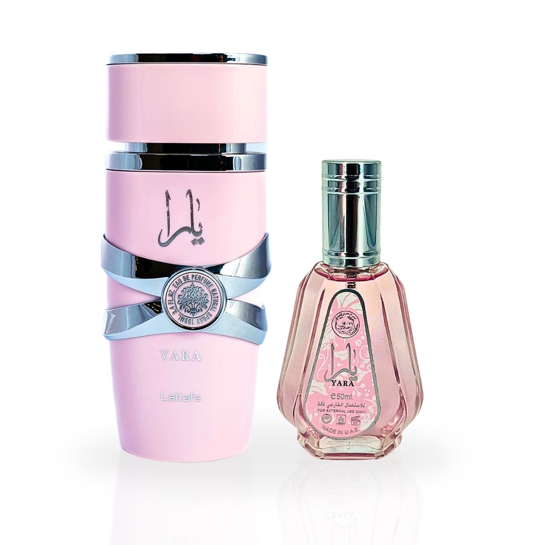 Yara EDP Spray 100ML (3.4 OZ) by Lattafa & Mini Yara EDP Spray 50ML (1.7 OZ) by Ard Al Zaafaran. (ETHEREAL BUNDLE)