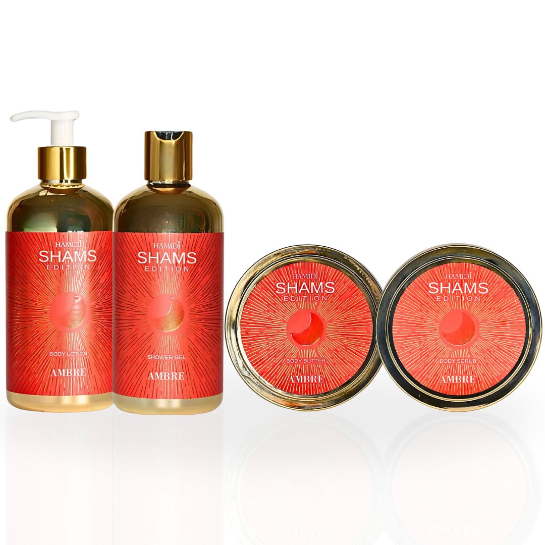 4PCS SHAMS AMBRE EDITION - Bath & Body Gift Set Magnetic Box By Hamidi | Ultra Moisturizing, Skin-Nourishing, Naturally Derived Ingredients. (PACK OF 4)