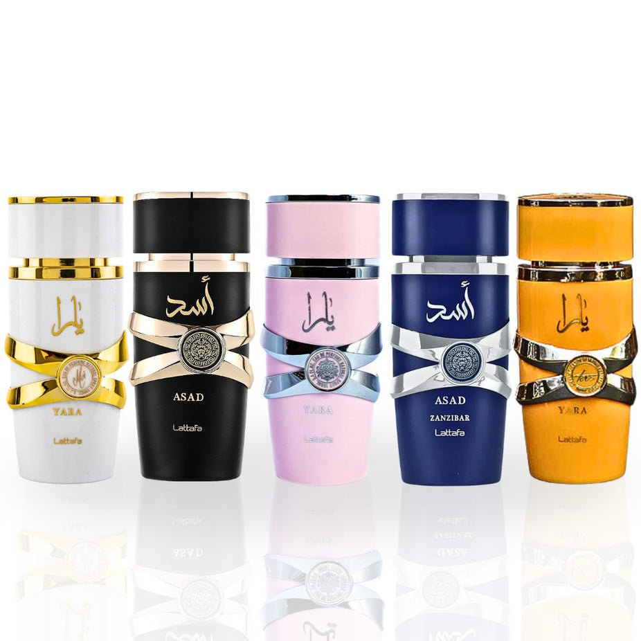 Yara Collection 5 Piece Set - Yara, Yara Moi, Yara Tous, Asad, Asad Zanzibar - Eau De Parfum Sprays 100ML (3.4 OZ) By Lattafa.