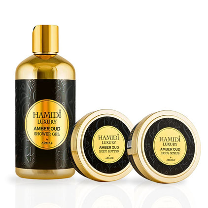 3PCS LUXURY AMBER OUD - Bath & Body Gift Set Magnetic Box By Hamidi | Ultra Moisturizing, Skin-Nourishing, Naturally Derived Ingredients. (Pack Of 3) - Intense Oud