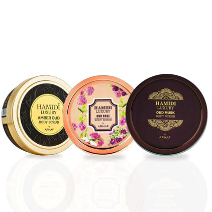 3PCS Luxury Body Scrub Trio Gift Set Magnetic Box By Hamidi | Gently Exfoliates For Soft & Smooth Skin, Naturally Derived Ingredients. (Pack of 3) - Intense Oud