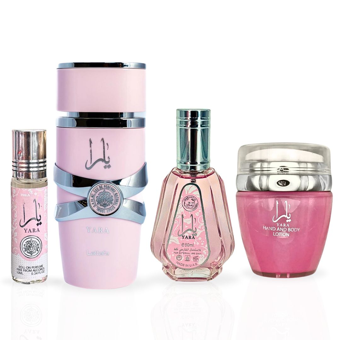 YARA Eau De Parfum Spray 100ML,EDP 50ML, Hand & Body Lotion 45ML & Roll-on Perfume Oil 10ML  - For Women by Lattafa. (CHIC COLLECTION)