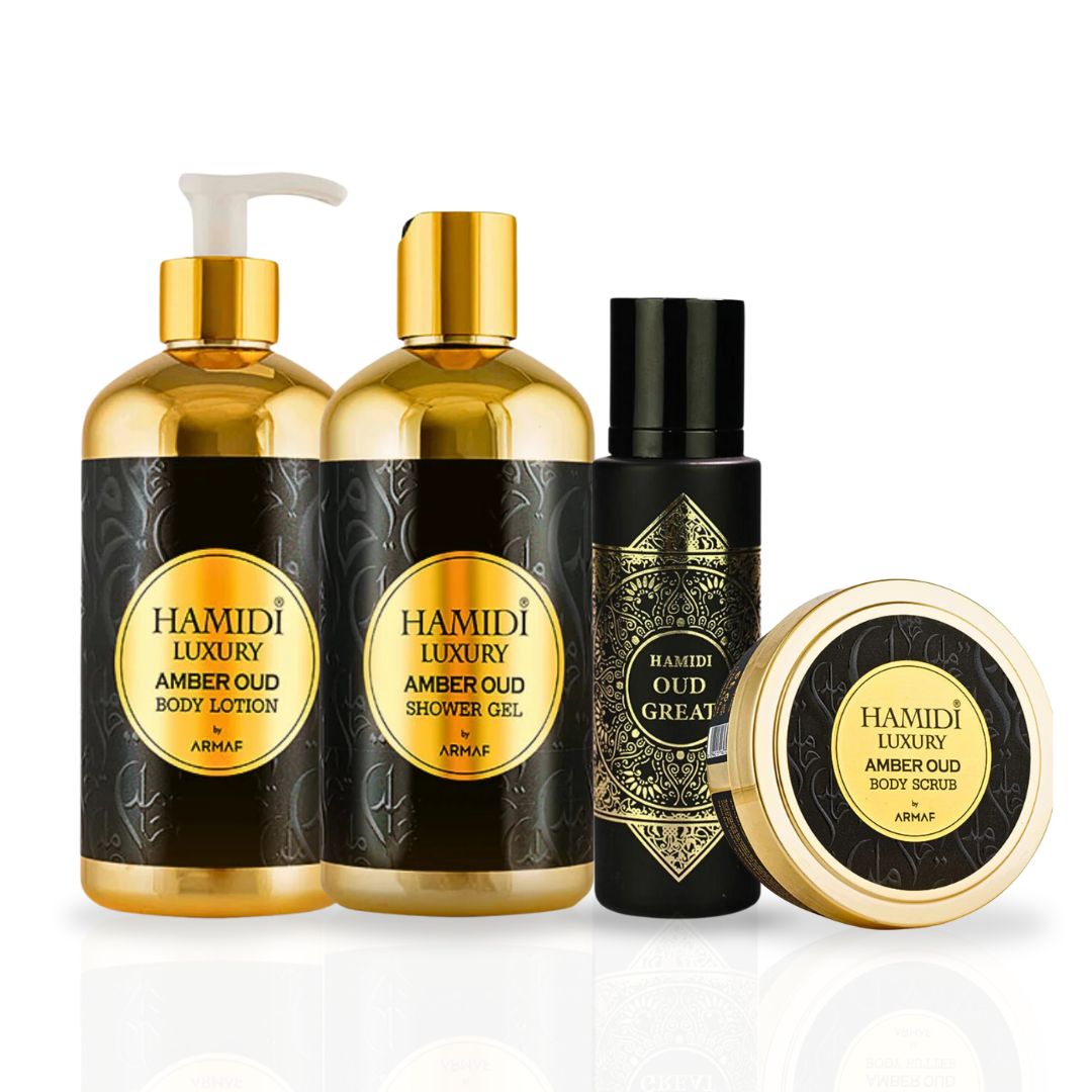 4PCS LUXURY AMBER OUD & Oud Great - Bath & Body Gift Set Magnetic Box By Hamidi | Ultra Moisturizing, Skin-Nourishing, Naturally Derived Ingredients. (Pack Of 4) - Intense Oud