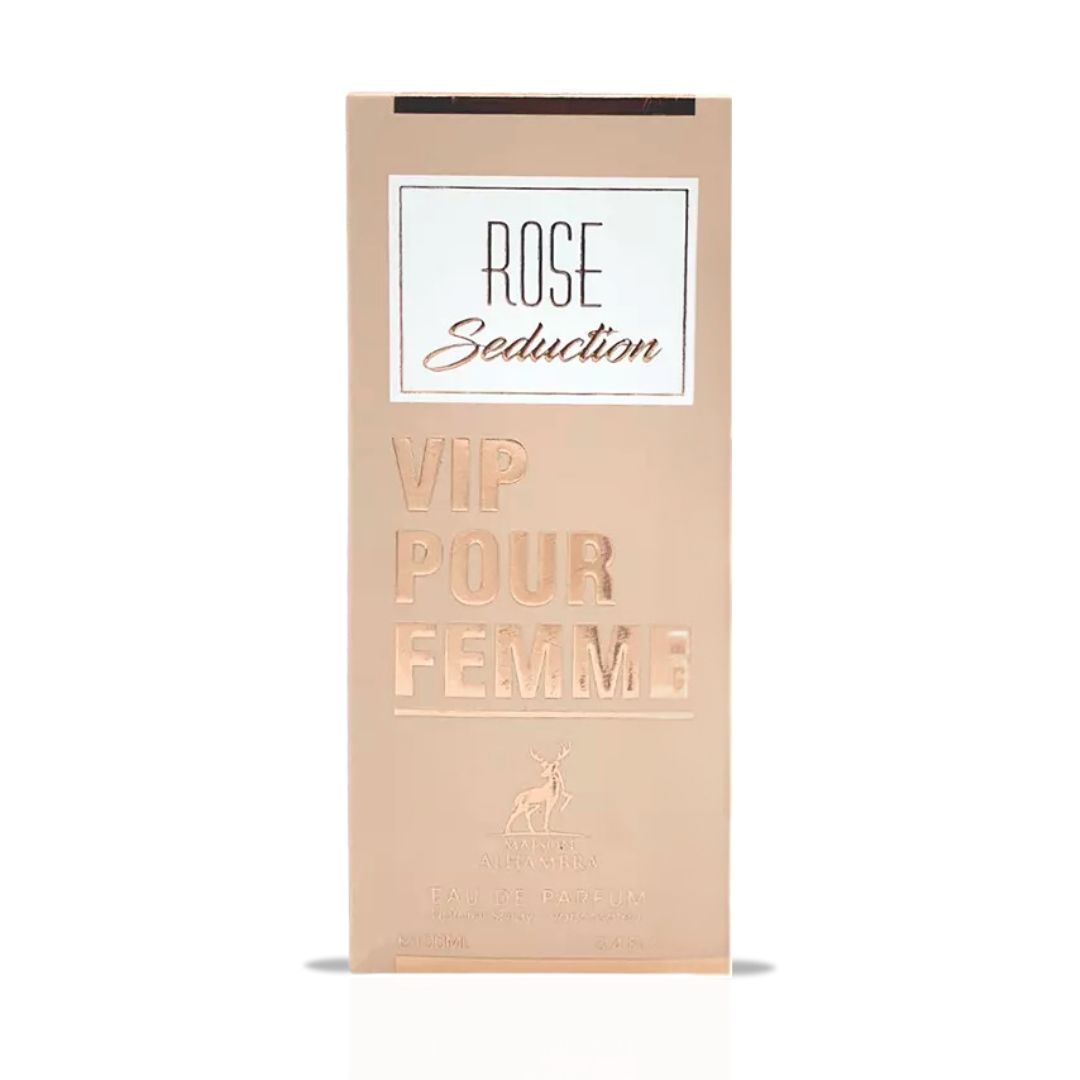 Rose Seduction VIP Pour Femme Eau De Parfum Spray 100ML (3.4 OZ) By Maison Alhambra | A Sparkling Blend Of Floral Elegance With A Warm, Musky & Woody Finish.