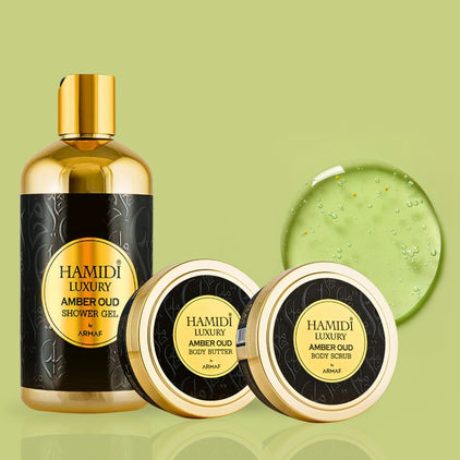 3PCS LUXURY AMBER OUD - Bath & Body Gift Set Magnetic Box By Hamidi | Ultra Moisturizing, Skin-Nourishing, Naturally Derived Ingredients. (Pack Of 3) - Intense Oud