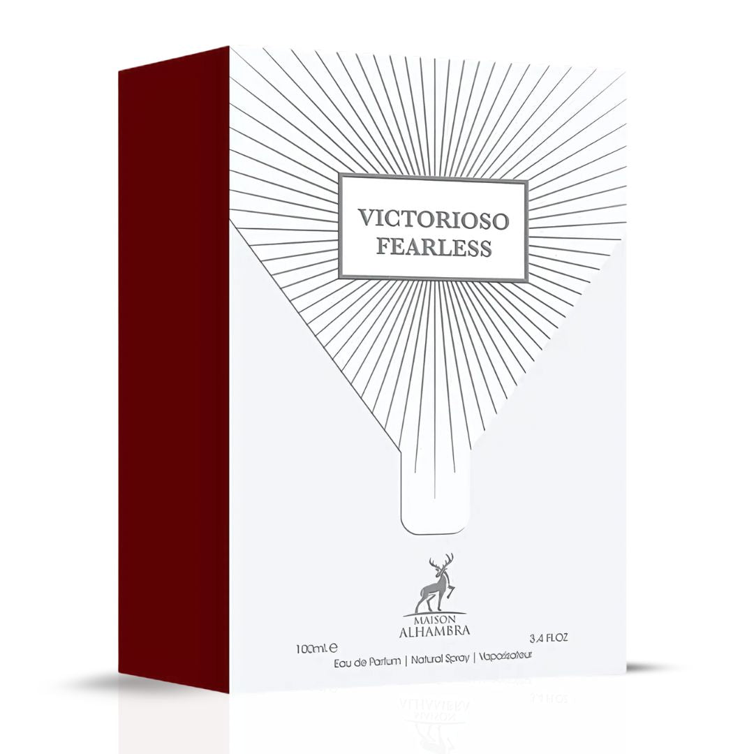 Victorioso Fearless Eau De Parfum Spray 100ML (3.4 OZ) by Maison Alhambra | A Warm, Spicy Blend of Fruit, Florals, and Woods for Cozy Elegance.