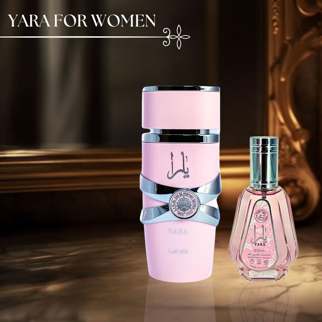 Yara EDP Spray 100ML (3.4 OZ) by Lattafa & Mini Yara EDP Spray 50ML (1.7 OZ) by Ard Al Zaafaran. (ETHEREAL BUNDLE)