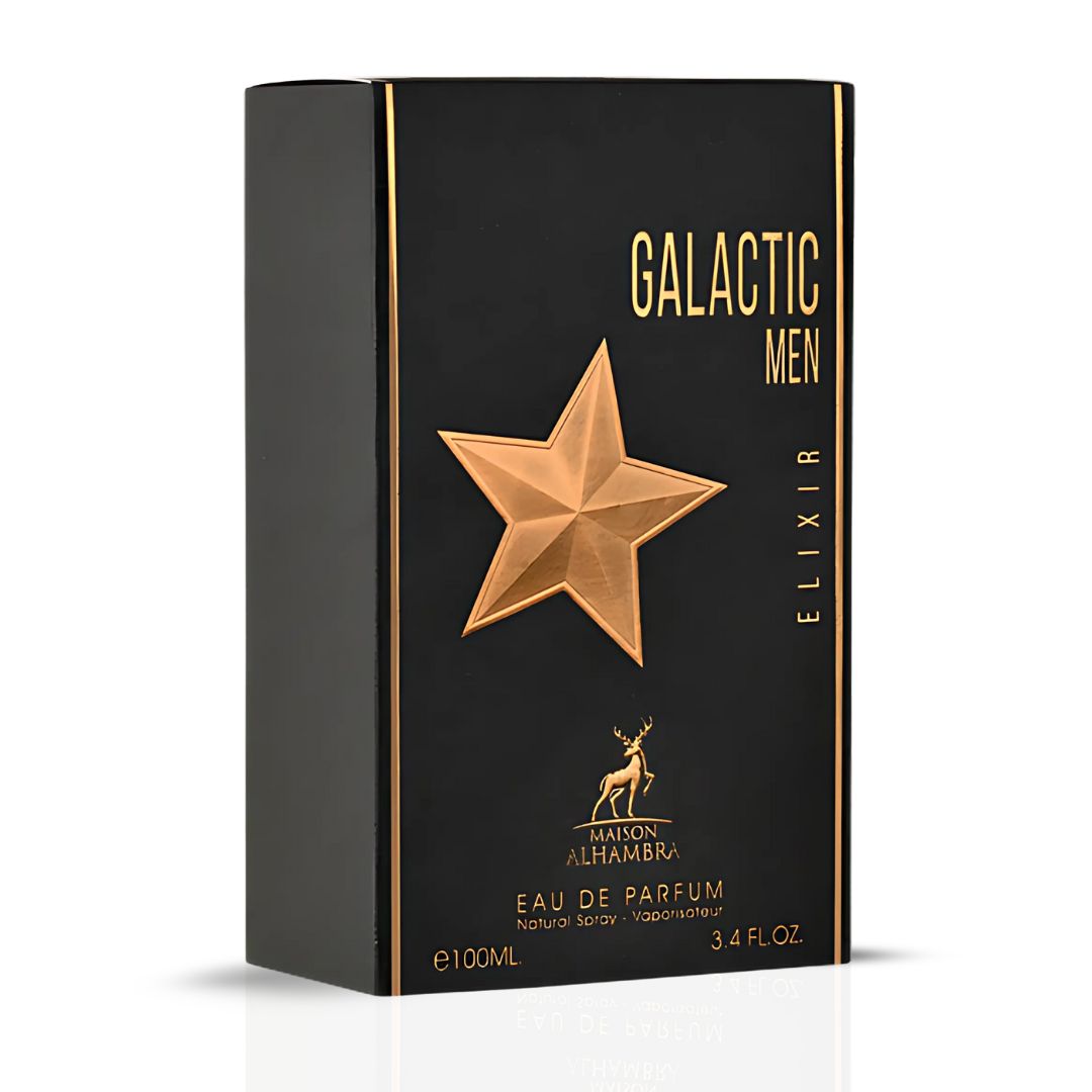 Galactic Men Elixir Eau De Parfum Spray 100ML (3.4 OZ) by Maison Alhambra | A Smoky, Sweet Blend of Tobaco, Honey, and Amber for a Rich, Sensual Finish.