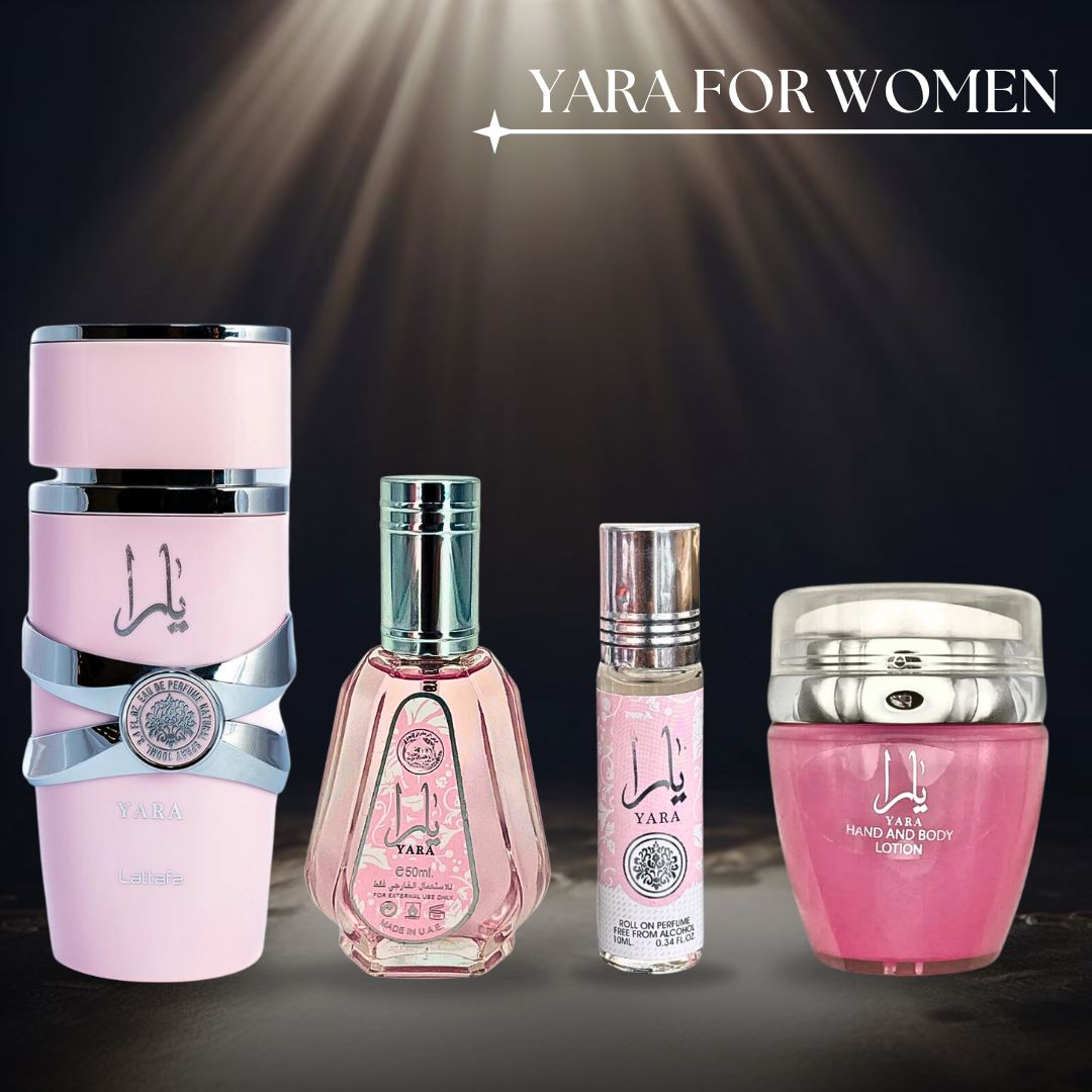 YARA Eau De Parfum Spray 100ML,EDP 50ML, Hand & Body Lotion 45ML & Roll-on Perfume Oil 10ML  - For Women by Lattafa. (CHIC COLLECTION)