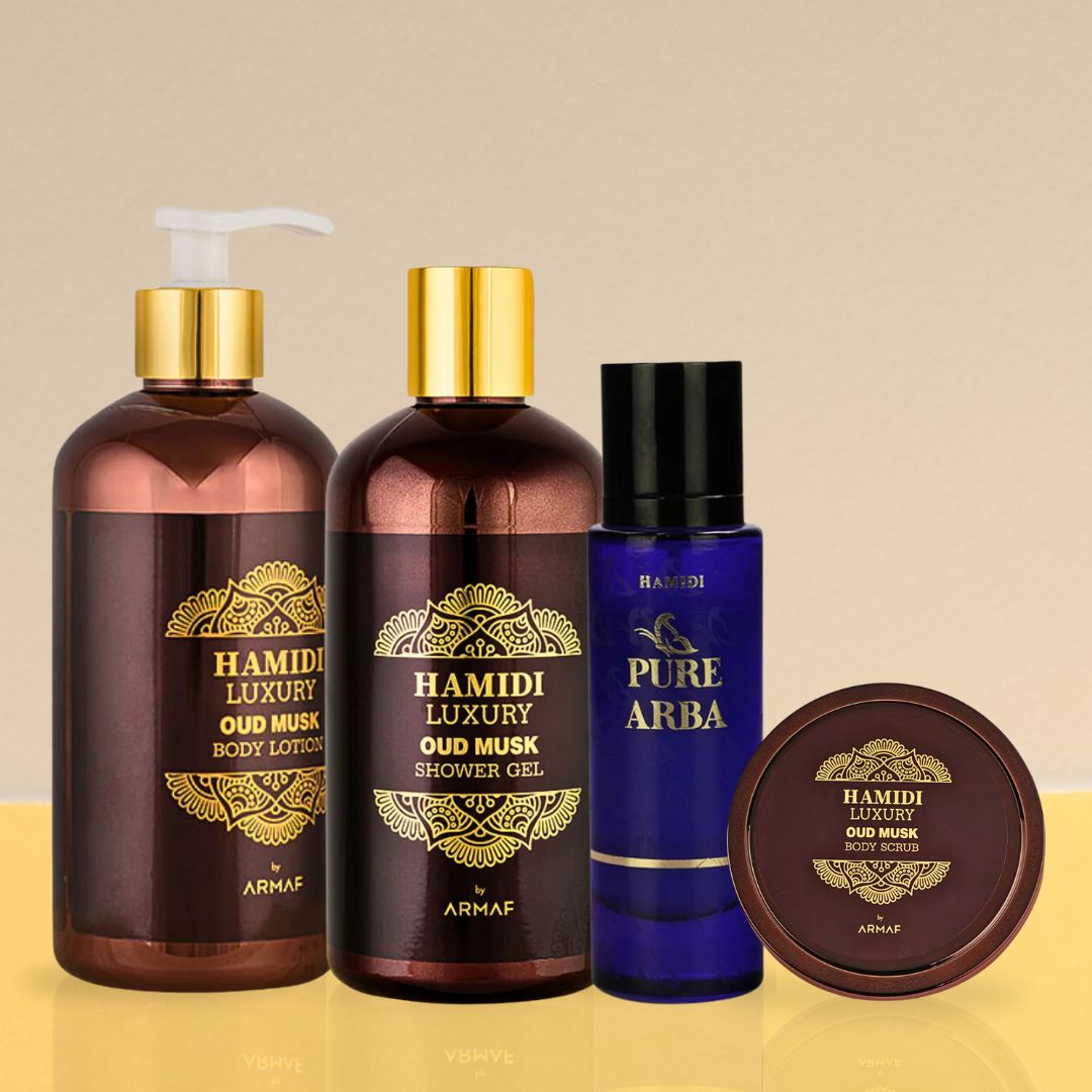 4PCS LUXURY OUD MUSK & Pure Arba - Bath & Body Gift Set Magnetic Box By Hamidi | Ultra Moisturizing, Skin-Nourishing, Naturally Derived Ingredients. (Pack Of 4) - Intense Oud