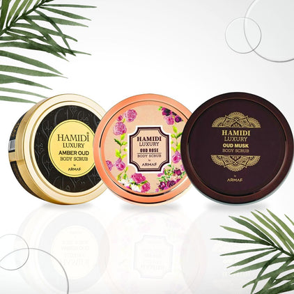 3PCS Luxury Body Scrub Trio Gift Set Magnetic Box By Hamidi | Gently Exfoliates For Soft & Smooth Skin, Naturally Derived Ingredients. (Pack of 3) - Intense Oud