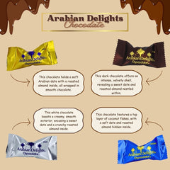 Arabian Delights Chocodate Assorted Pouch 460 GMS by Intense Delish | A Variety of Milk, Dark, White & Coconut Flaked Chocolates with Almond-Stuffed Dates Coated in Chocolate.