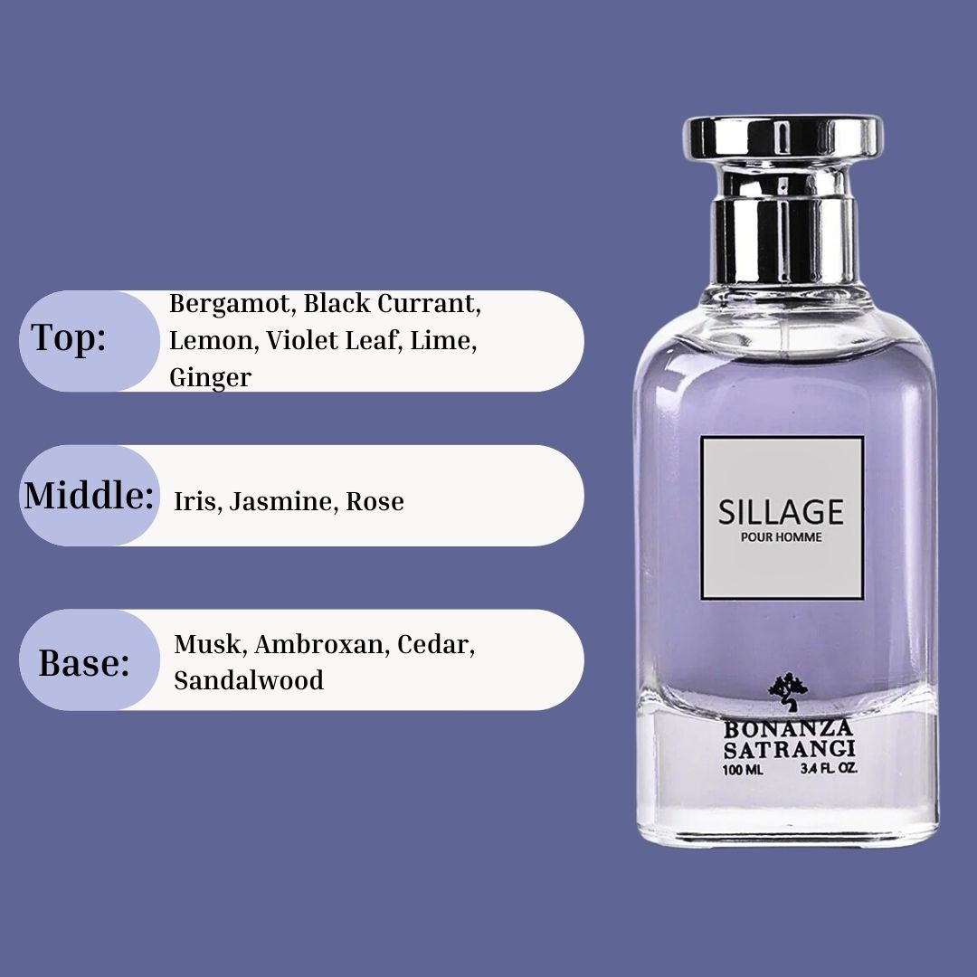 Sillage Pour Homme EDP Spray 100ML (3.4 OZ) by Bonanza Satrangi | Long Lasting, Citrusy, Floral, Musky, Woody Fragrance.