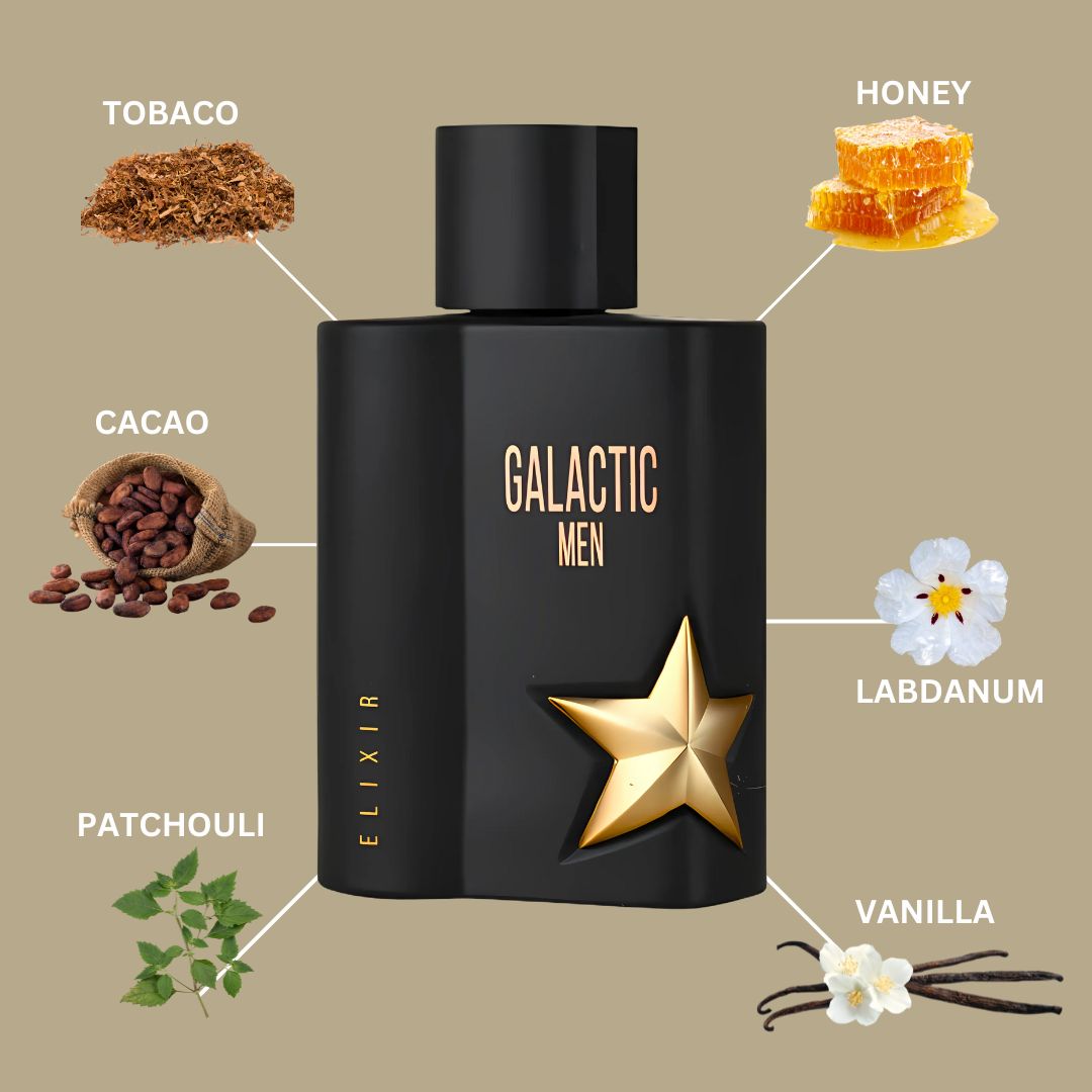 Galactic Men Elixir Eau De Parfum Spray 100ML (3.4 OZ) by Maison Alhambra | A Smoky, Sweet Blend of Tobaco, Honey, and Amber for a Rich, Sensual Finish.