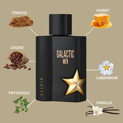 Galactic Men Elixir Eau De Parfum Spray 100ML (3.4 OZ) by Maison Alhambra | A Smoky, Sweet Blend of Tobaco, Honey, and Amber for a Rich, Sensual Finish.