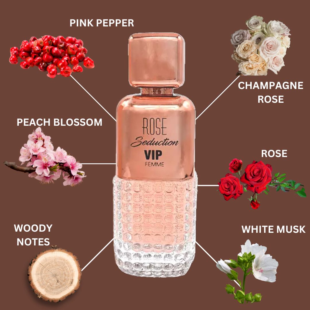 Rose Seduction VIP Pour Femme Eau De Parfum Spray 100ML (3.4 OZ) By Maison Alhambra | A Sparkling Blend Of Floral Elegance With A Warm, Musky & Woody Finish.