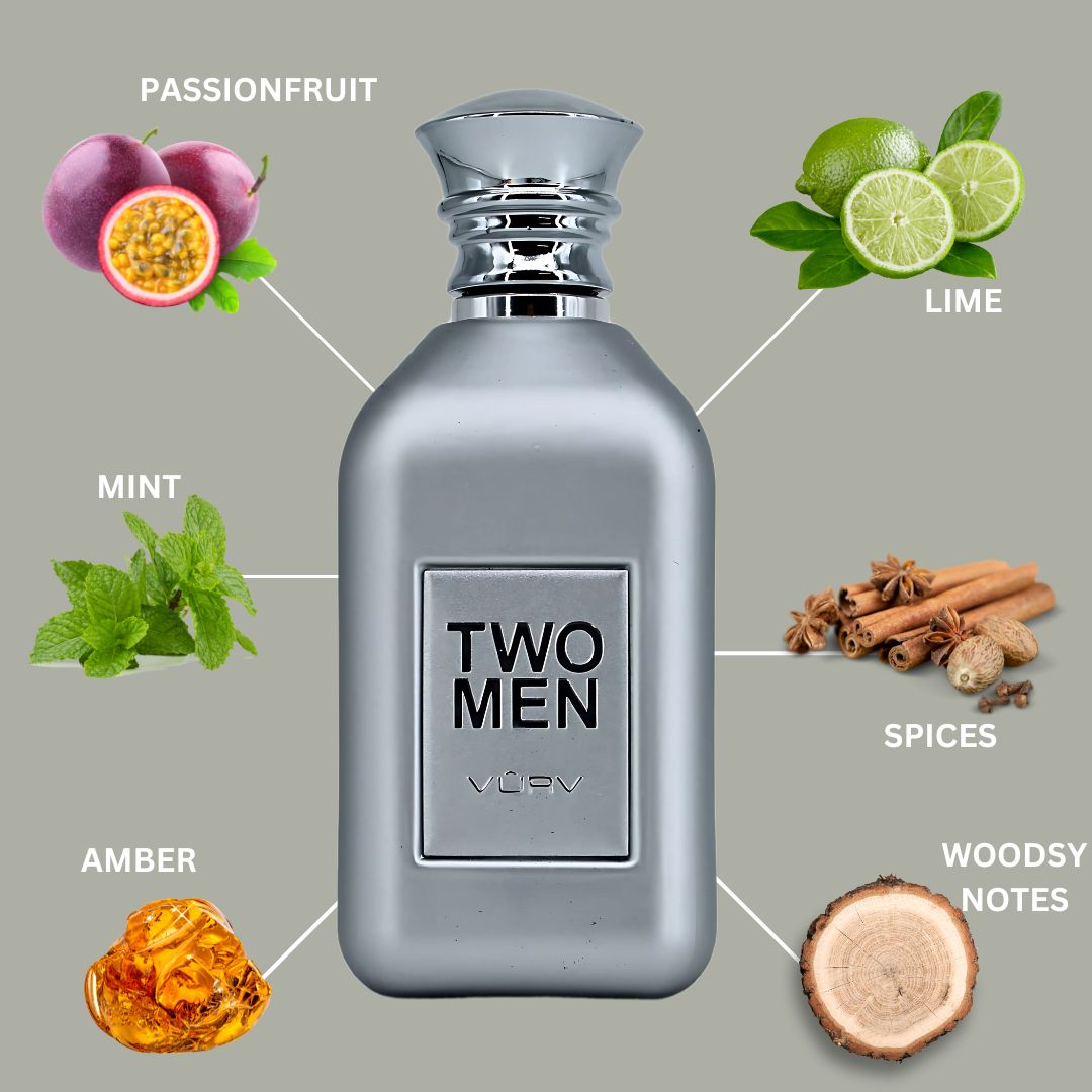 Two Men Eau De Parfum Spray For Men 100ML (3.4 OZ) By Vurv | A Bold Mix Of Tangy Fruits, Refreshing Spices, & A Rich, Smoky Base.