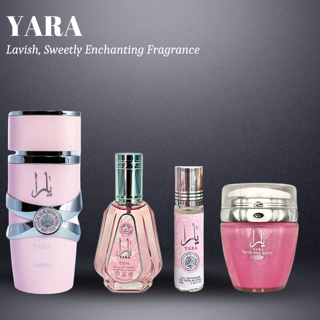 YARA Eau De Parfum Spray 100ML,EDP 50ML, Hand & Body Lotion 45ML & Roll-on Perfume Oil 10ML  - For Women by Lattafa. (CHIC COLLECTION)