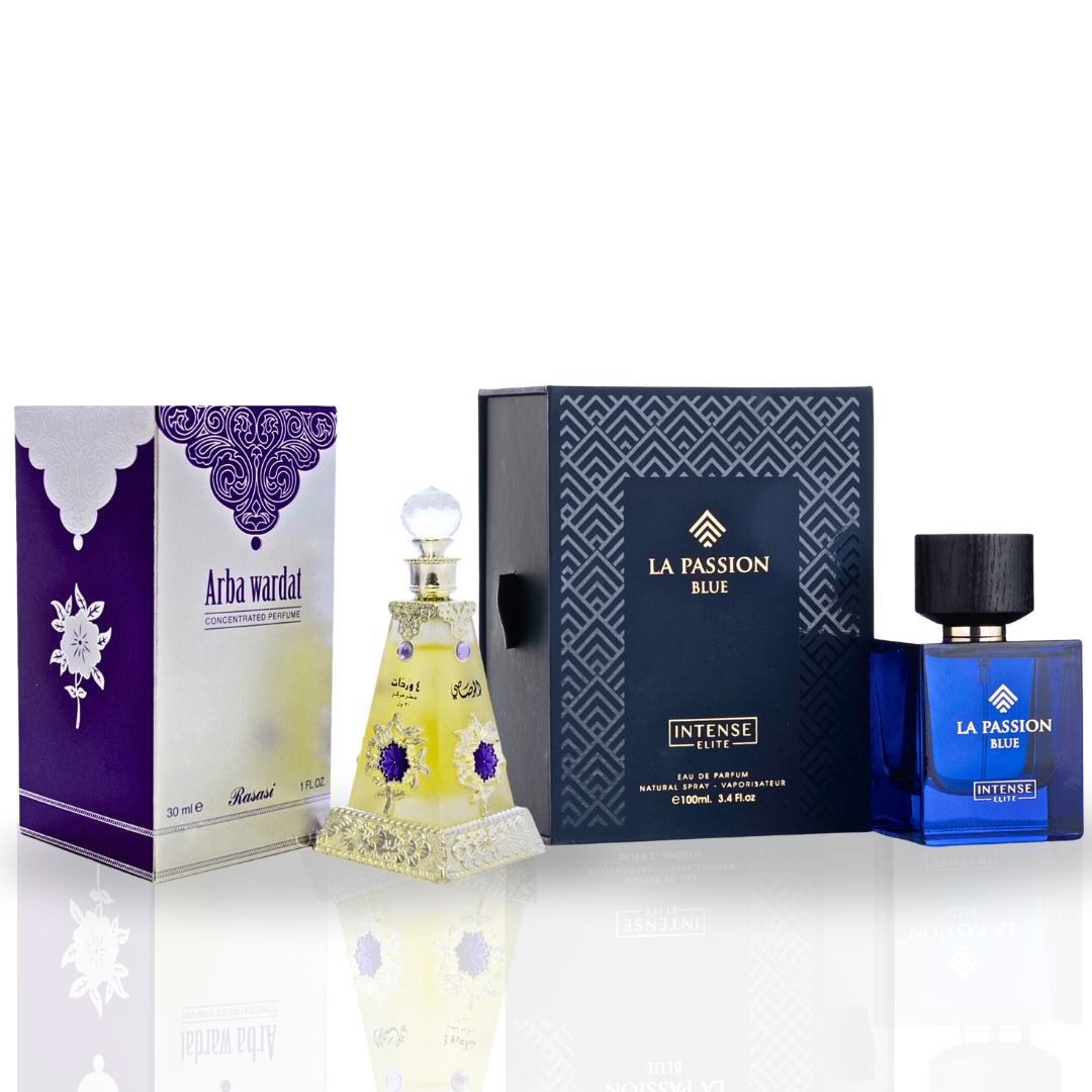 LA Passion Blue For Men EDP 100ML (3.4 OZ) By Intense Elite & Arba Wardat Perfume Oil 30ML (1 OZ) by Rasasi. (BUNDLE) - Intense Oud