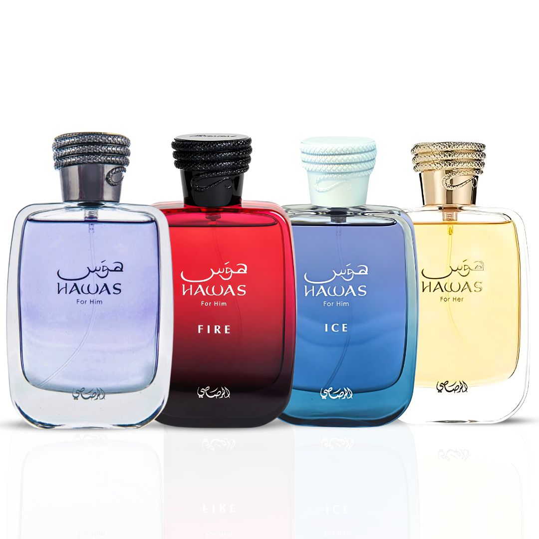 Hawas For Him, Hawas Ice, Hawas Fire & Hawas For Her Eau De Parfum Sprays 100ML (3.4 OZ) By Rasasi | A Masterpiece Collection For Those Who Seek Fragrances With A Unique Allure. (Collection)