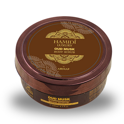 LUXURY OUD MUSK BODY SCRUB 250ML (8.4 OZ) By Hamidi | Gently Exfoliates For Soft & Smooth Skin, Naturally Derived Ingredients. - Intense Oud