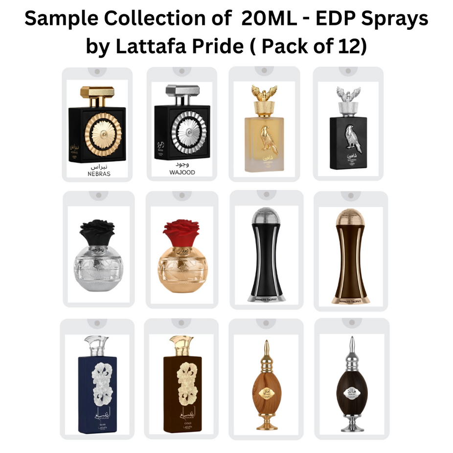 Sample Collection of 20ML (0.7 OZ) EDP Sprays by Lattafa Pride. (Pack of 12) - Intense Oud