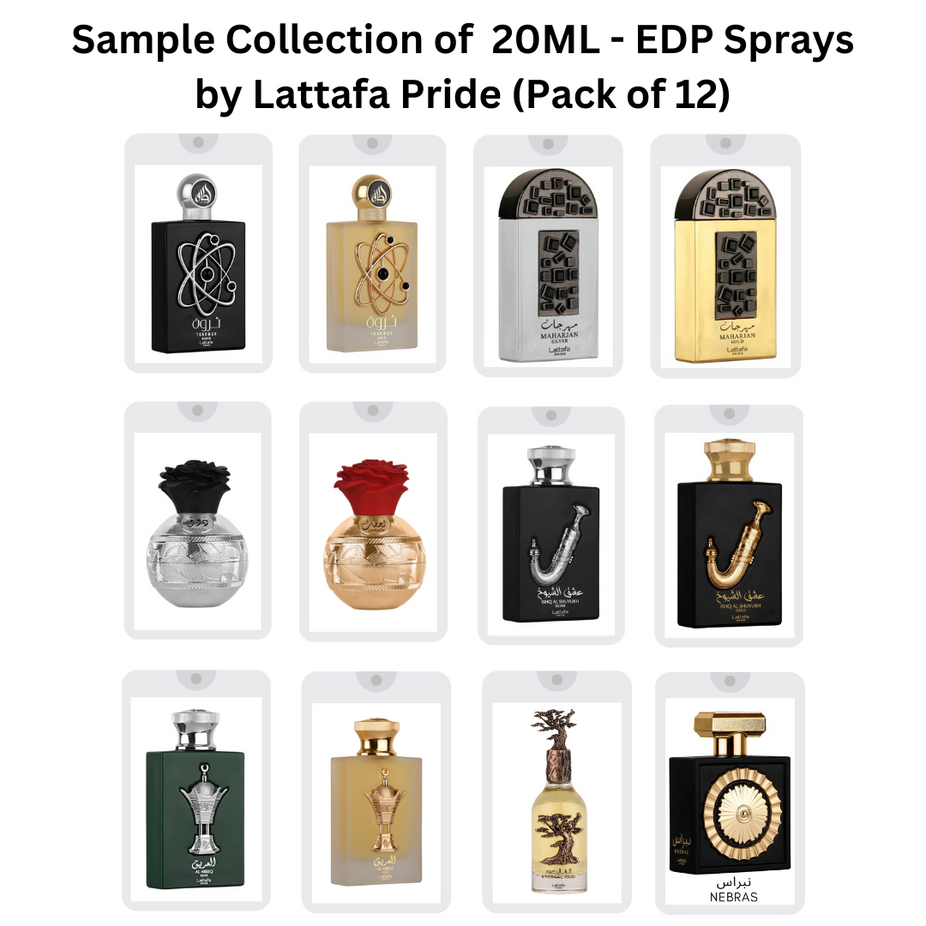 Sample Collection of 20ML (0.7 OZ) EDP Sprays by Lattafa Pride. (Pack of 12) - Intense Oud