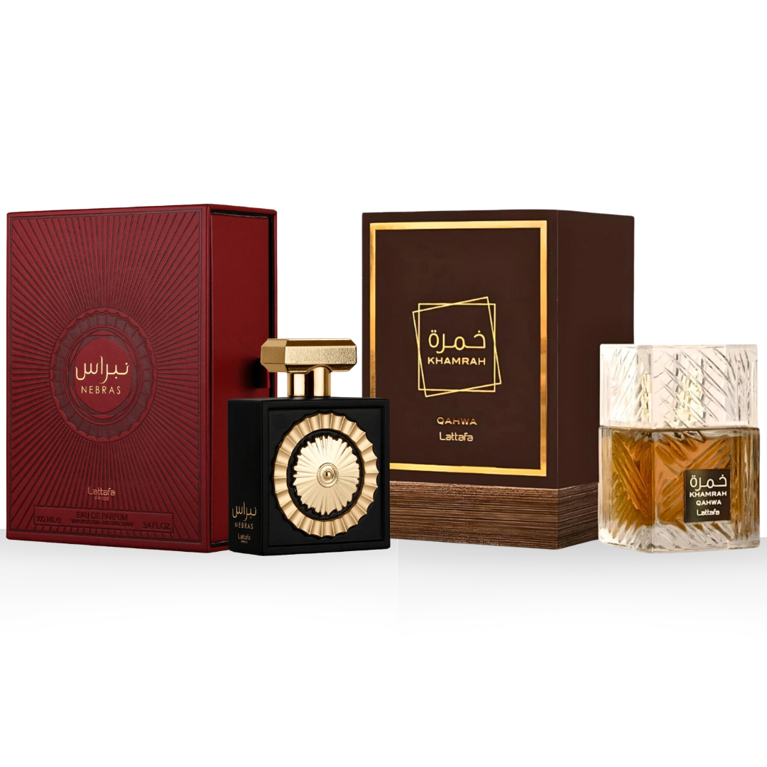 Nebras EDP 100ML (3.4 OZ) by Lattafa Pride & Khamrah Qahwa EDP 100ML (3.4 OZ) by Lattafa. (ENCHANTED BUNDLE) - Intense Oud