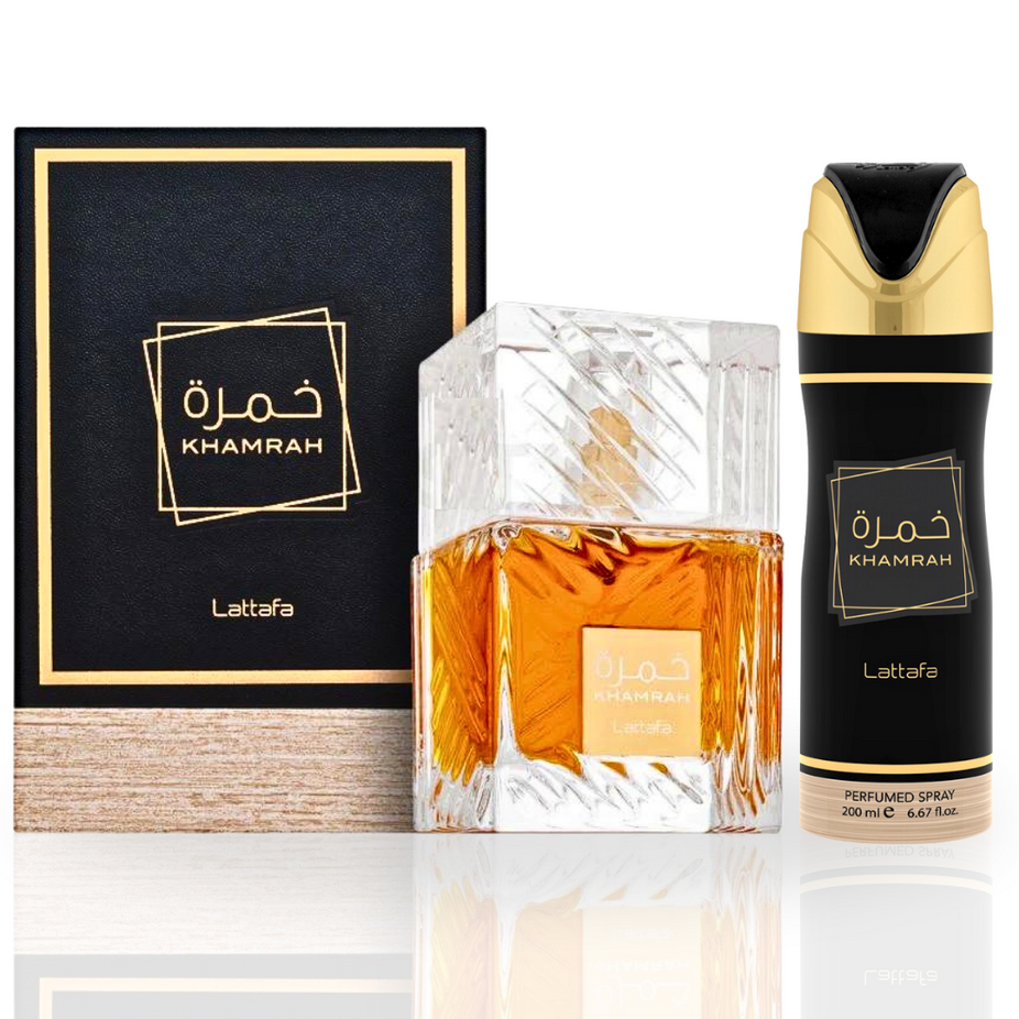 Khamrah - EDP Spray 100ML (3.4 OZ) & Deodorant Spray 200ML (6.7 OZ) By Lattafa | A Timeless Tale of Exquisite Aroma. (Value Pack) - Intense Oud