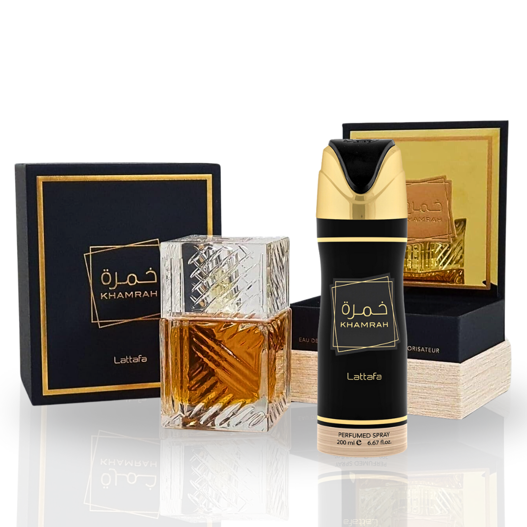 Khamrah - EDP Spray 100ML (3.4 OZ) & Deodorant Spray 200ML (6.7 OZ) By Lattafa | A Timeless Tale of Exquisite Aroma. (Value Pack) - Intense Oud