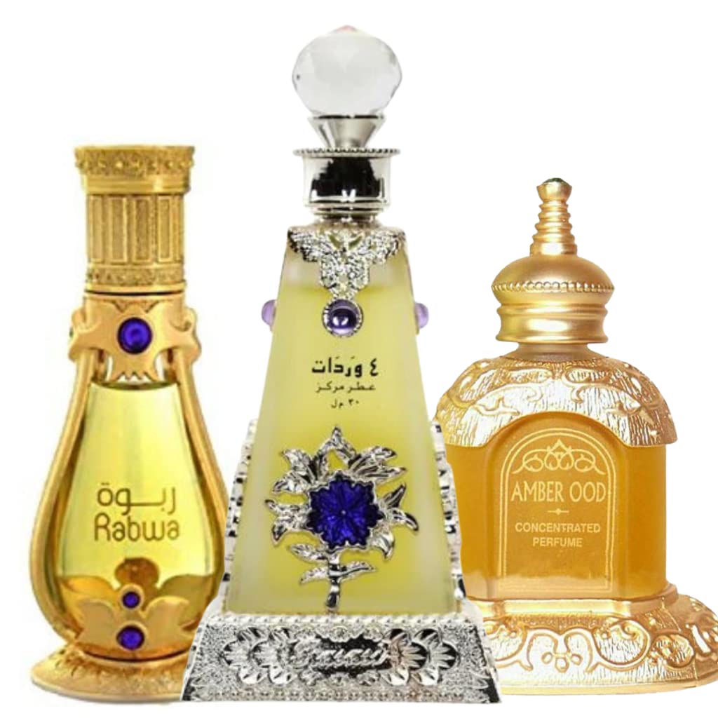 Rasasi Premium Collection Arba Wardat (30 ML - 1.02 OZ) Amber Ood (14 ML - 0.47 OZ) Rabwa (19 ML - 0.60 oz) CPO - Concentrated Perfume Oil I I by Rasasi Perfumes - Intense Oud